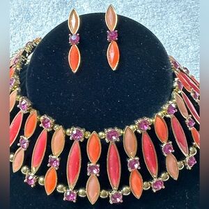 Bold Orange and Pink Link Purple Rhinestone Choker Necklace & Earrings Set